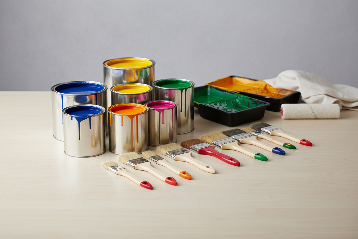 Banner con secchi di vernice e pennelli